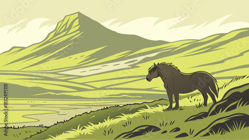 A horse stands on a grassy hill overlooking a valley with mountains in the background landscape view