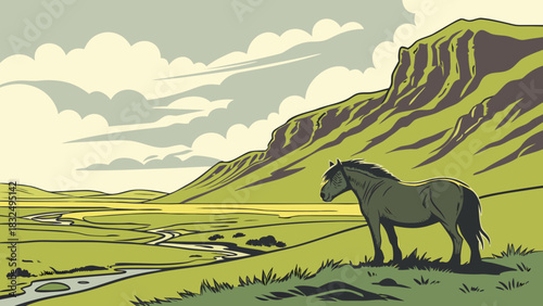 A horse stands peacefully in a vibrant green landscape with rolling hills and a winding river scene