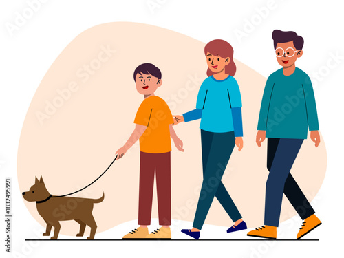 Happy family consisting of a father, a mother, and a young boy walking their dog. Big family vector illustration. Flat illustration.