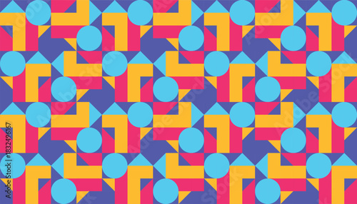 A colorful geometric mosaic with repeating blue circles framed by intersecting blocks in red, yellow, and purple. The bold palette and structured repetition create a striking retro-modern visual style