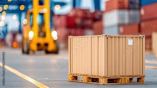 Shipping Container: Industrial scene depicting a shipping container on a wooden pallet in a port or warehouse setting, alongside containers and loading vehicles, signifying global trade and logistics.