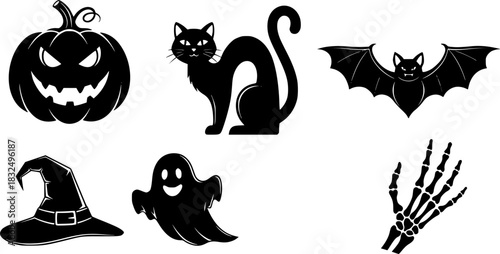 Halloween icons set with pumpkin cat bat ghost witch hat and skeleton hand in black silhouette style vector illustration