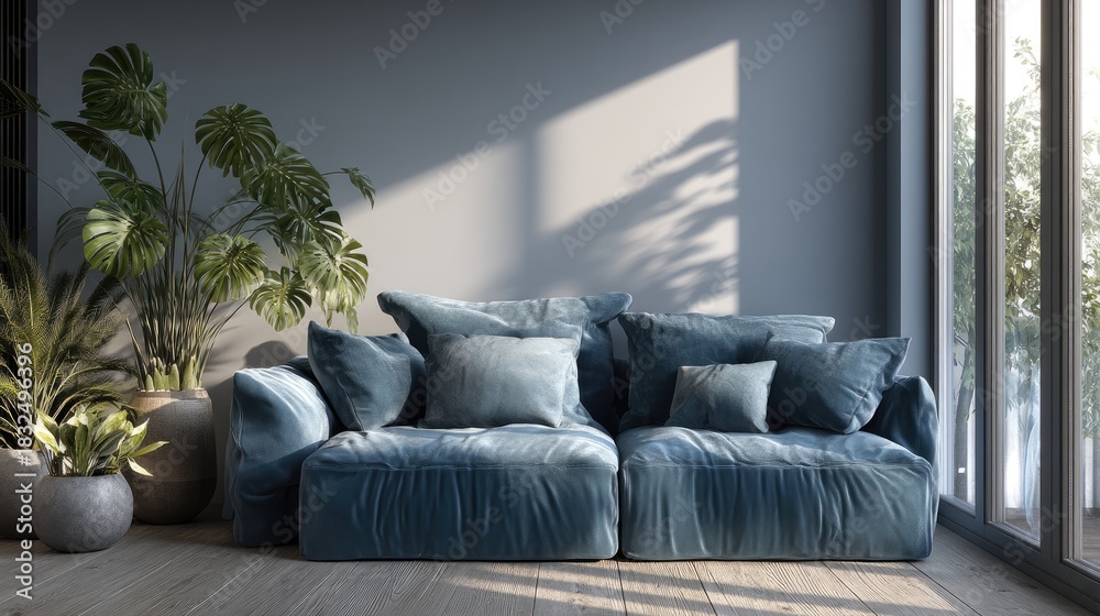 Fototapeta premium Cozy blue sofa with plush cushions in modern living room with greenery and natural light streaming through large windows