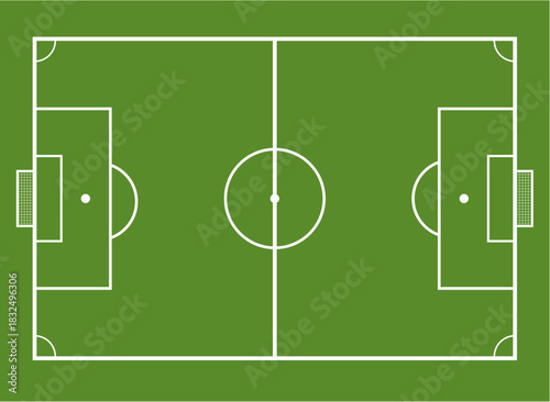 Illustrated top-down vector layout of a soccer field with clearly defined boundaries, center circle, midfield line, goal areas, penalty boxes, and corner markings on a vibrant green pitch background