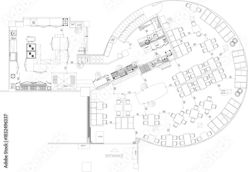 2D Drawing Layout for Interior Design of Pizza Restaurant with Salad Bar, Seating Area, and Service Station
