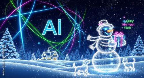Christmas and New Year greeting card design featuring artificial intelligence theme and festive lights. Digital holiday season concept: AI powered design for Merry Christmas and Happy New Year banner 