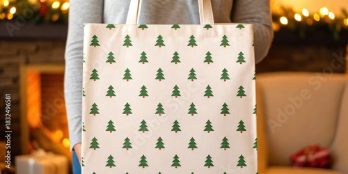 Christmas and Holiday gift bag in minimal theme. Holiday-themed tote bag with a festive tree pattern, held by a person indoors.