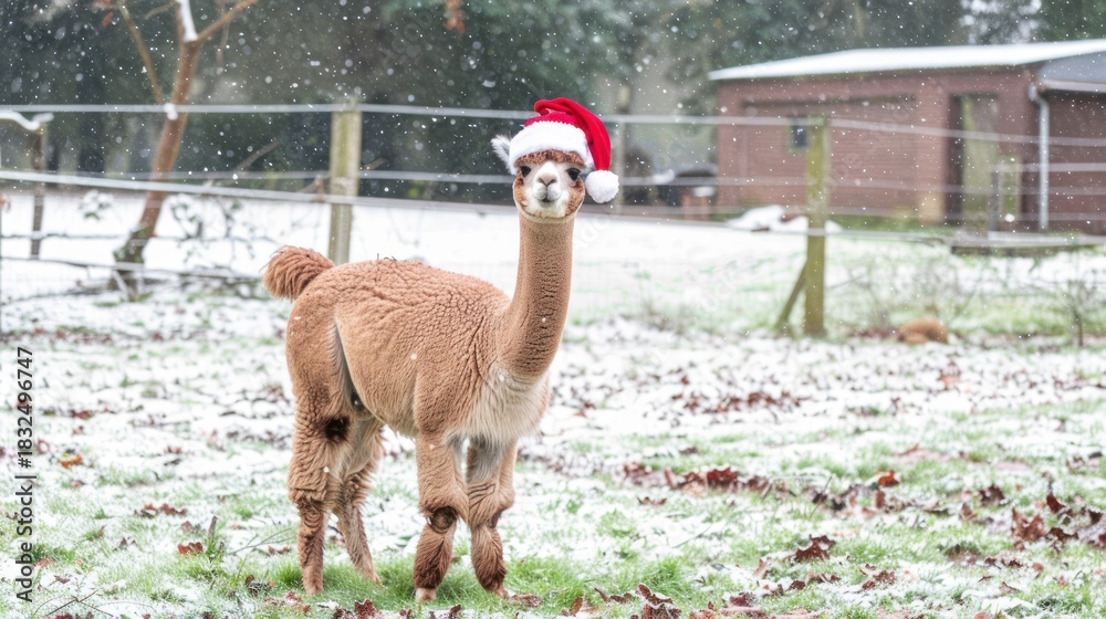 Obraz premium Llama Wearing Santa Hat Standing in Snowy Farm Yard During Winter