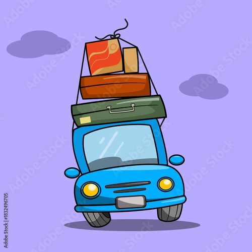Vector illustration of a blue car with an overloaded load. Holiday icon concept