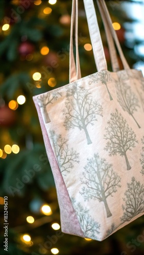 Christmas and Holiday gift bag in minimal theme. Stylish tote bag with tree patterns, set against a festive, blurred background of lights.