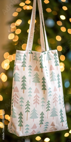 Christmas and Holiday gift bag in minimal theme. Festive tote bag featuring trees, illuminated by soft bokeh lights in the background.