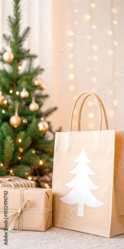 Christmas and Holiday gift bag in minimal theme. Festive scene with a decorated Christmas tree, gift bags, and warm holiday lights.