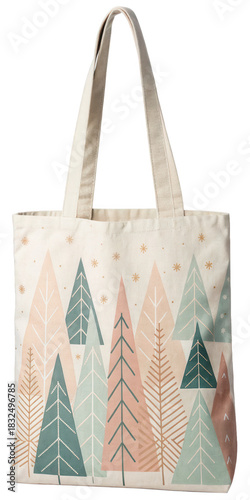 Christmas and Holiday gift bag in minimal theme. Tote bag featuring colorful tree designs in a modern style.