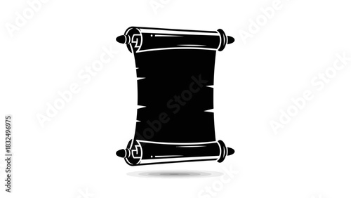 Black silhouette of an ancient rolled parchment scroll with a distinct shadow on a white background.