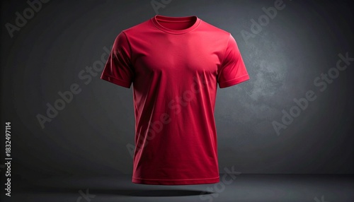 Vibrant red t-shirt floating in a studio setting, perfect for apparel mockups, fashion designs, and branding projects needing a pop of color and modern style