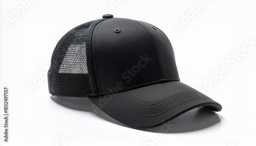 Sleek black trucker hat with breathable mesh, perfect for summer style and customizable branding opportunities, a modern fashion accessory on white