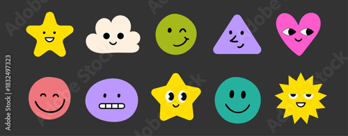 Face smile emoji doodle icon sticker set. Cute kid doodle style funny face emoji smile sticker. Funny cartoon emoticon heart, star, flower trendy character shape. Vector illustration