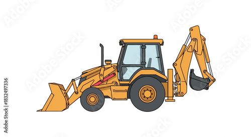 Construction Vehicle Illustration Detailed View of a Backhoe Loader