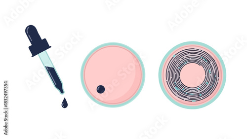 Scientific Experiment Dropper, Petri Dish, and Cell Culture Illustration