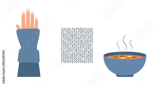 A collection of cozy hygge elements with a warm sweater and hot soup