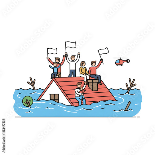 Illustration of flood victims asking for help from the roof of their house. Isolated on a white background.