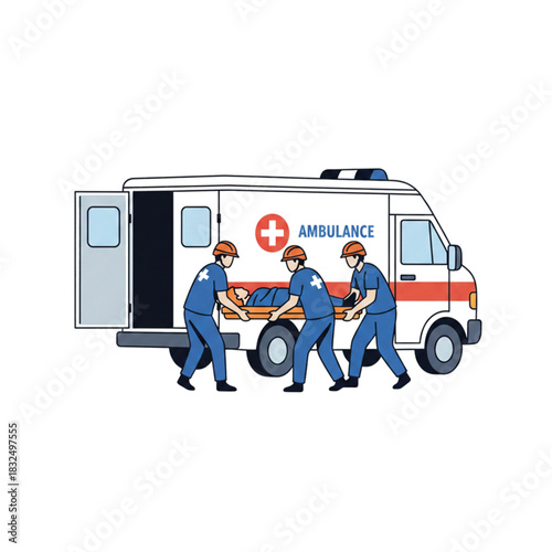 Illustration of an accident victim being loaded into an ambulance. Isolated on a white background.