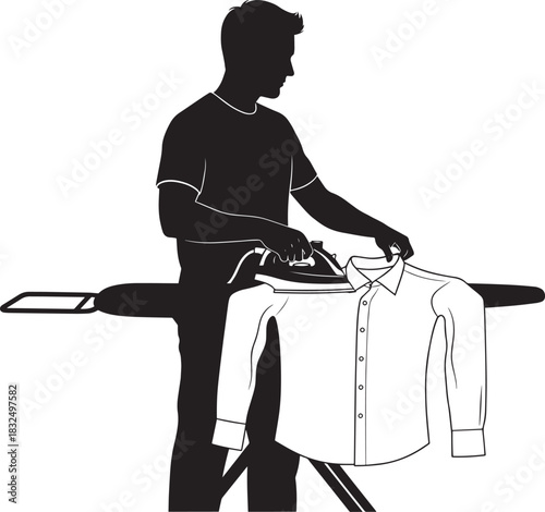 Black silhouette of a man ironing a white long sleeve shirt over an ironing board