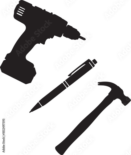 Black silhouette shows a drill, hammer, and pen together on a white transparent background