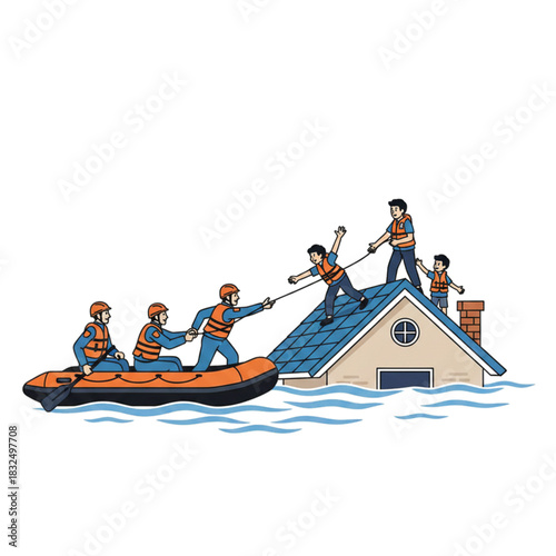 Illustration of rescue team helping residents from flood. Isolated on white background.