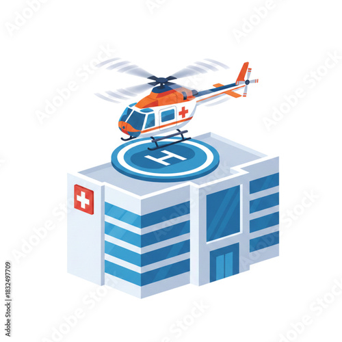 A rescue helicopter lands on the helipad above the hospital. Isolated on a white background.