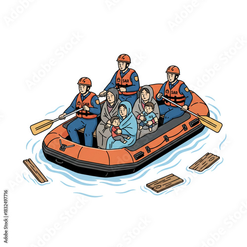 Illustration of flood victims receiving assistance from a rescue team using a rubber boat. Isolated on a white background.