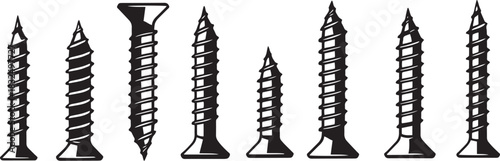Different screws in black form a neat line on a transparent background