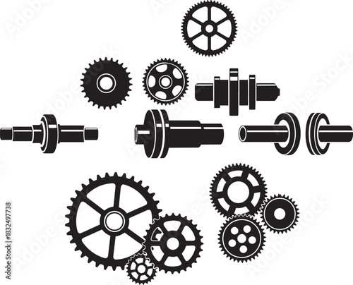 Different styles of black mechanical cogs and gears are featured on a white backdrop