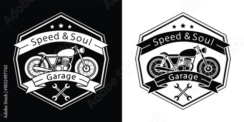 Motorcycle garage emblem with text speed soul garage, featuring a motorcycle and crossed wrenches, in black and white