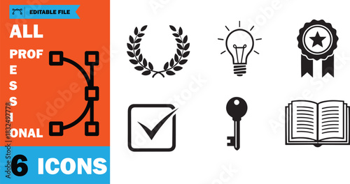file shows a collection of six black line drawing professional icons