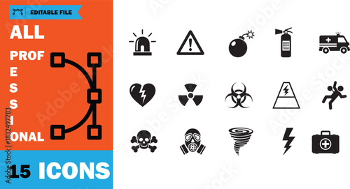 Fifteen simple danger icons show warning and emergency signs for multiple purposes
