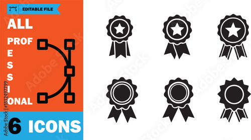 icon set presents six elegant black award ribbon seals with varying star designs