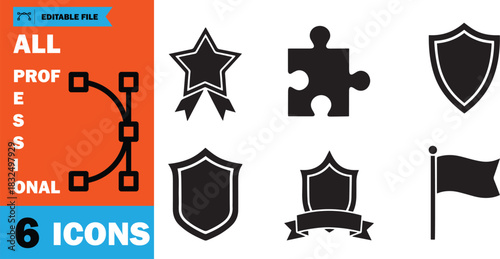 set presents diverse black icons including a star, puzzle, shield, and flag on white