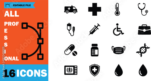 Sixteen medicine icons showcase ambulance, medical cross, equipment and health elements against white