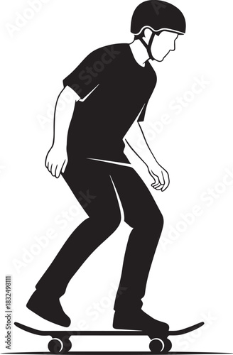 Skateboarder with helmet navigates terrain; youthful figure skillfully maneuvering on a skateboard, is on transparent background