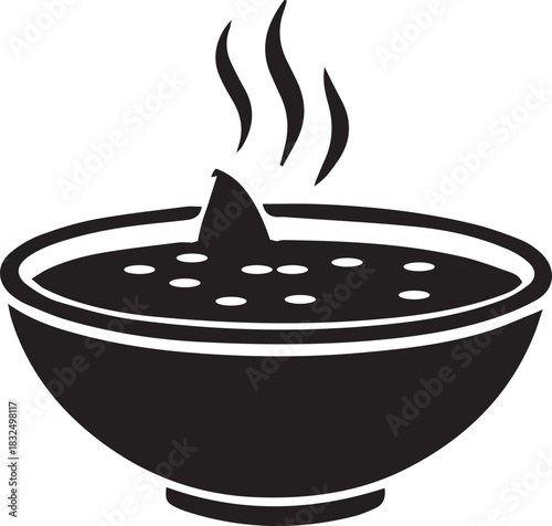 Steaming bowl of black soup emits wavy vapors, featuring floating bits over transparent backdrop