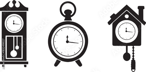Three different styled antique clocks displayed as solid black images on white backdrop