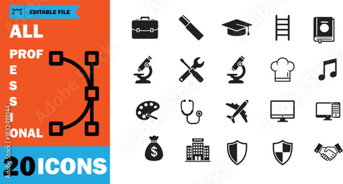Twenty diverse professional icons are presented in black silhouette over a divided bright colorful background