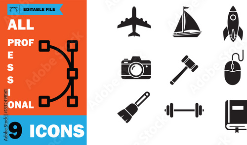 Various line drawing icons feature aircraft, sailboat, rocket, camera, brush, and book