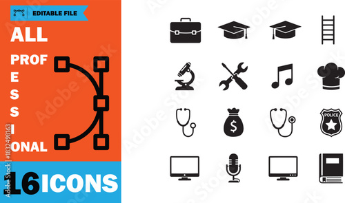 Various professional career icons present a diverse collection, set against transparent background