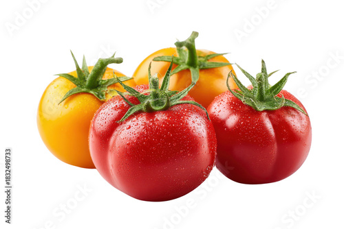Ripe red and yellow tomatoes with water droplets on black background fruit
