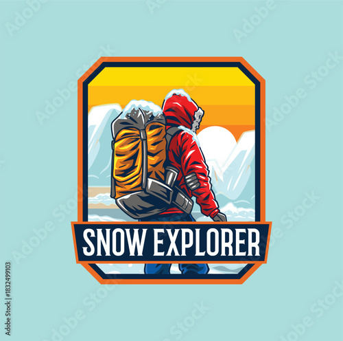A badge logo featuring an adventurer standing against a snowy backdrop captures the spirit of outdoor adventure.