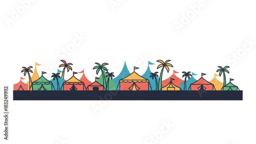 Colorful carnival tents and palm trees border