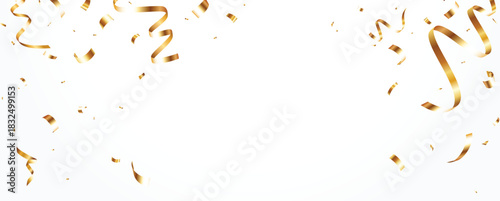 Falling Gold confetti, streamers and ribbons background, Shiny golden paper pieces fly