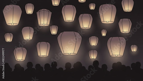A crowd watches many lanterns ascend into the night sky